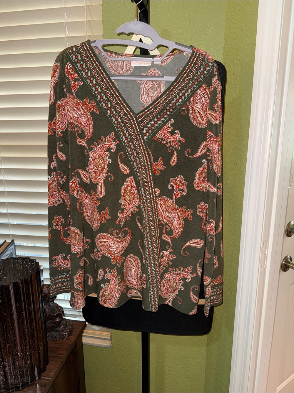 Belle by Kim Gravel Olive Paisley Wrap-Style V-Neck Blouse